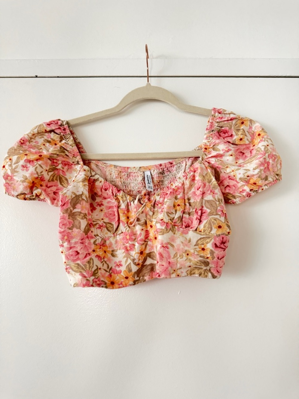 stradivarius Pink Floral Puff-Sleeve Crop Top and Skirt